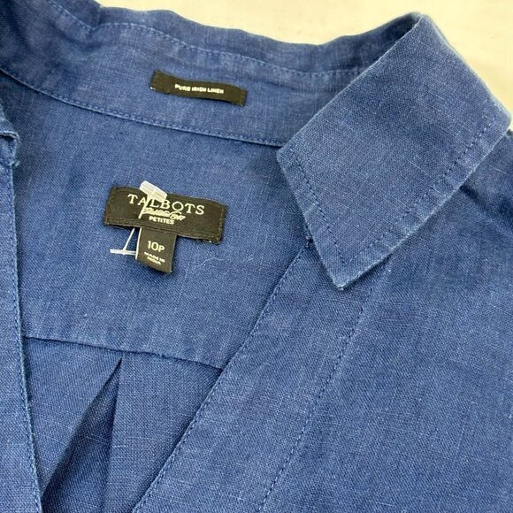 Talbots Pure Irish Navy Blue Linen Button Down Long Sleeve Blouse Top, 10P - Picture 4 of 6
